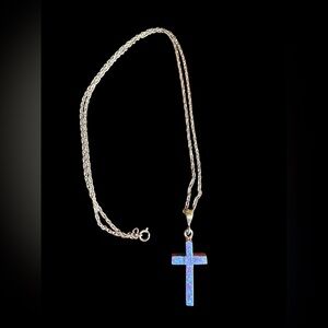 Sterling Silver Opal Inlay Cross Necklace 20” Chain